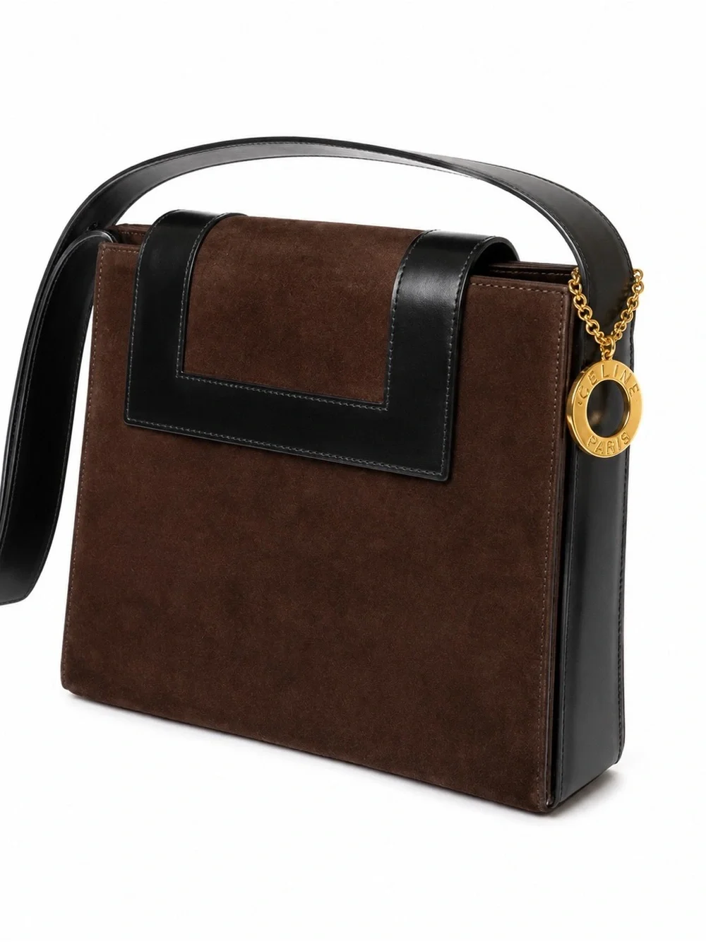 CELINE brown suede leather logo charm shoulder bag